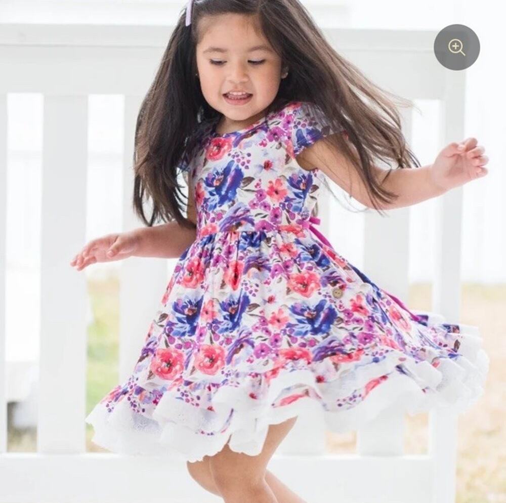 Cheeky Plum Girls Myra Knit Razzle Dazzle Floral Dress in Pink and Purple 12-18M